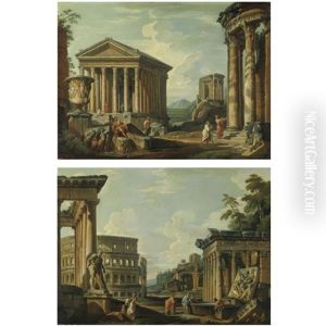 An Architectural Capriccio With Roman Ruins, The Temple Of Antoninus And Faustina, The Colosseum, The Basilica Of Maxentius And The Temple Of Venus (+ An Architectural Capriccio With Roman Ruins, The Temple Of Vesta, The Maison Carree At Nimes, T by Giovanni Paolo Panini