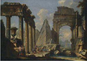 A Landscape With Classical Ruins And Figures Resting In The Foreground by Giovanni Paolo Panini