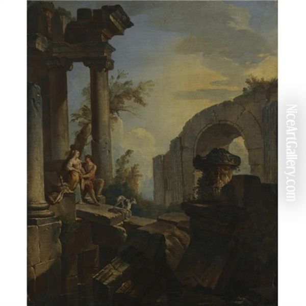 An Architectural Capriccio With A Couple Seated And A Dog Beneath Ruined Columns (+ An Architectural Capriccio With Figures Resting At The Foot Of The Pyramid Of Gaius Cestius; Pair) - view 1