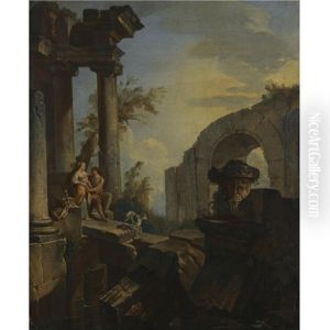 An Architectural Capriccio With A Couple Seated And A Dog Beneath Ruined Columns (+ An Architectural Capriccio With Figures Resting At The Foot Of The Pyramid Of Gaius Cestius; Pair) by Giovanni Paolo Panini