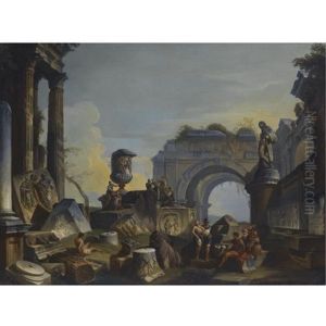 An Architectural Capriccio With Figures Amongst Ancient Ruins by Giovanni Paolo Panini