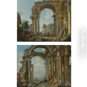 An Architectural Capriccio With The Equestrian Statue Of Marcus Aurelius And The Statue Of Silenus With The Infant Dionysos (+ An Architectural Capriccio With Ruins Of A Corinthian Temple With Figures by Giovanni Paolo Panini