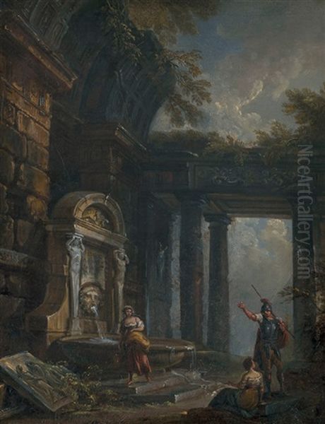 Femmes Et Soldat Pres De La Fontaine - view 1