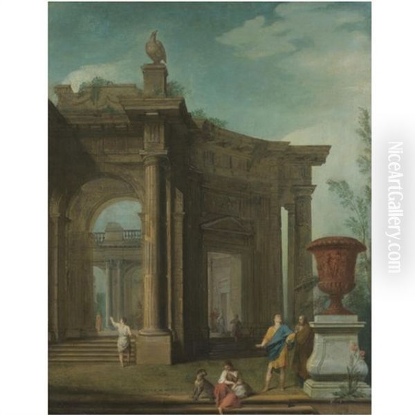 A Capriccio Scene Of Classical Ruins With Figures Resting In The Foreground - view 1