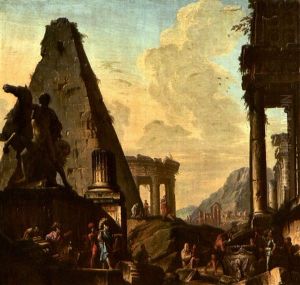 Architekturcapriccio Mit Pyramide Der Cestia, Im Vordergrund Alexander Der Grose Bei Der Besichtigung Des Grabmals Von Achilles by Giovanni Paolo Panini
