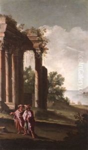 Zwei Personen Vor Saulenarchitektur by Giovanni Paolo Panini
