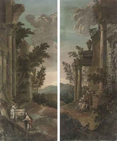An Architectural Capriccio With Figures Conversing (+ An Architectural Capriccio With A Gentleman; Pair) - view 1