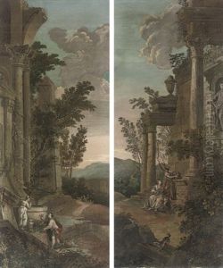 An Architectural Capriccio With Figures Conversing (+ An Architectural Capriccio With A Gentleman; Pair) by Giovanni Paolo Panini