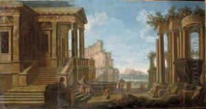 A Capriccio View Of An Ancient Town With The Colloseum In The Distance by Giovanni Paolo Panini