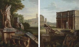 A Capriccio With The Farnese Hercules And Arch Of Septimius Severus (+ A Capriccio With The Dying Gaul; Pair) by Giovanni Paolo Panini