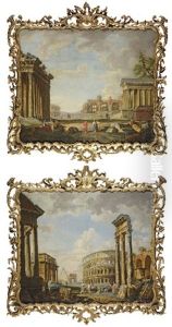 An Architectural Capriccio With The Arch Of Constantine, The Colosseum And Columns Of The Temple Of The Dioscuri (+ Another; Pair) by Giovanni Paolo Panini