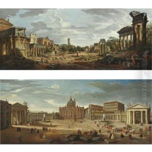 Veduta Di Foro Romano Con Figure E Una Fontana Sulla Destra (+ Veduta Di Piazza San Pietro A Roma Con Figure E Carrozze; Pair)