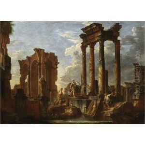Capriccio Architettonico Con Figure E Soldati, Una Statua E Un Bassorilievo by Giovanni Paolo Panini