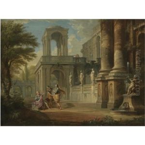 An Architectural Capriccio With Two Soldiers Addressing A Young Man, Figures On A Balcony Beyond
