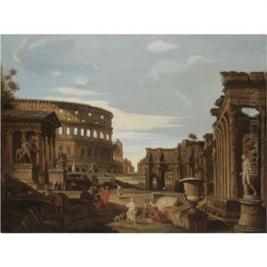 Capriccio Scene With The Colosseum, The Arch Of Constantine Of And Various Other Roman Ruins by Giovanni Paolo Panini