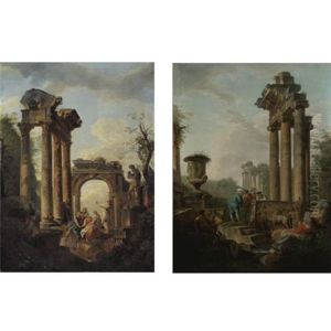 An Architectural Capriccio Of Roman Ruins And Four Archeologists (+ An Architectural Capriccio Of Roman Ruins And An Apostle Preaching; Pair) by Giovanni Paolo Panini