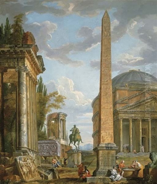 A Capriccio With Figures Gathered Around The Obelisk Of Augustus, A View Of The Pantheon, The Statue Of Marcus Aurelius And The Temple Of Sybil, Tivoli (collab. W/studio) - view 1