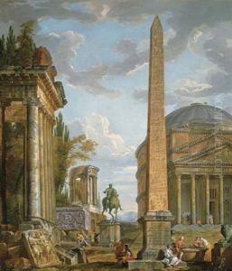 A Capriccio With Figures Gathered Around The Obelisk Of Augustus, A View Of The Pantheon, The Statue Of Marcus Aurelius And The Temple Of Sybil, Tivoli (collab. W/studio) by Giovanni Paolo Panini