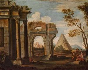 Italiensk Ruinlandskab Med Musicerende Par Italiensk Ruinlandskab Med Musicerende Par