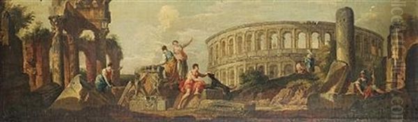 Figures Amongst Roman Ruins, A View To The Colosseum Beyond - view 1