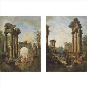An Architectural Capriccio Of Roman Ruins And Four Archeologists (+ An Architectural Capriccio Of Roman Ruins And An Apostle Preaching; Pair) by Giovanni Paolo Panini