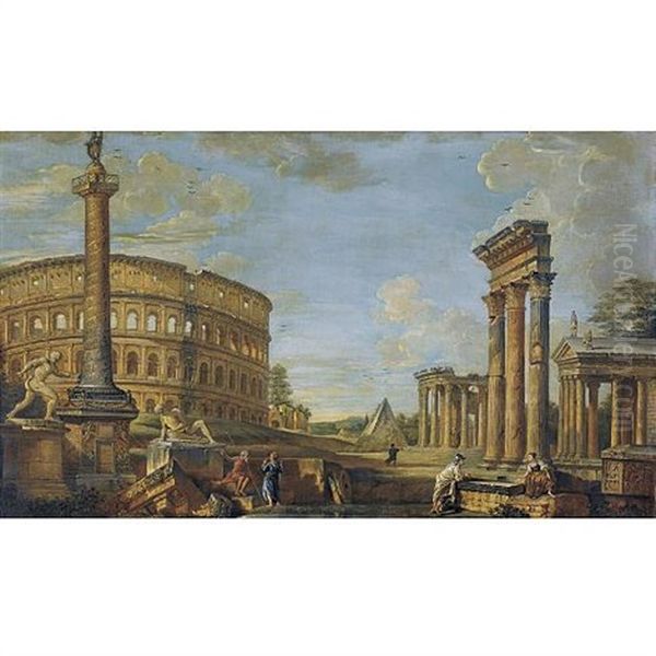 Capriccio Of Roman Ruins With Belisarius Begging For Alms, The Borghese Gladiator, The Dying Gaul, The Colosseum, Trajan's Column And The Temples Of Castor And Pollux, Fortuna Virilis And Vesta - view 1