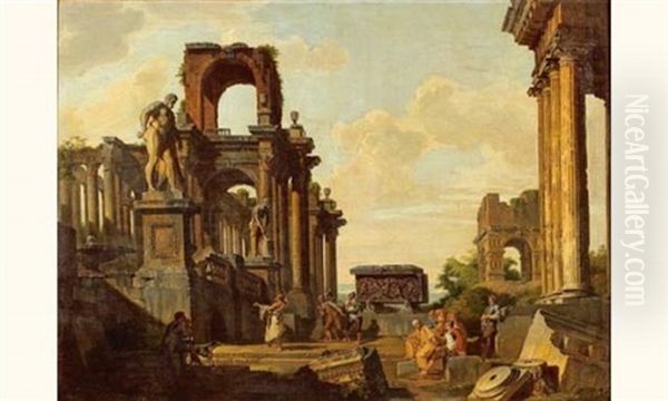 Vue Ideale De Ruines Romaines, Avec Le Temple De Janus Quadrifronte Et L'hercule Farnese, Animees De Personnages - view 1
