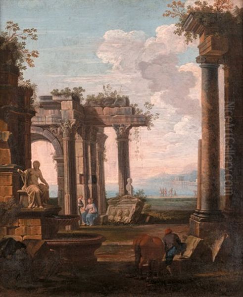 A Capriccio Of Classical Ruins With Horse And Conversing Figures - view 1