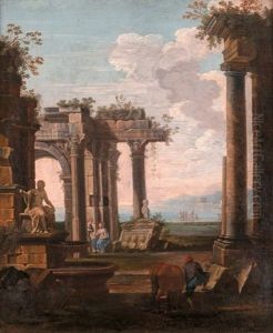 A Capriccio Of Classical Ruins With Horse And Conversing Figures A Capriccio Of Classical Ruins With Horse And Conversing Figures