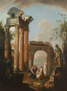 A Capriccio Of Classical Ruins With Figures And Fountain by Giovanni Paolo Panini