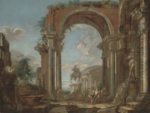 A Capriccio Of Architectural Ruins With Figures By The Statue Of Silenus With The Infant Bacchus, The Equestrian Statue Of Marcus Aurelius Beyond - view 1