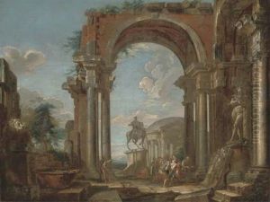 A Capriccio Of Architectural Ruins With Figures By The Statue Of Silenus With The Infant Bacchus, The Equestrian Statue Of Marcus Aurelius Beyond by Giovanni Paolo Panini