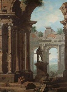A Capriccio Of Classical Ruins With A Statue Of Hercules Cradling An Infant by Giovanni Paolo Panini
