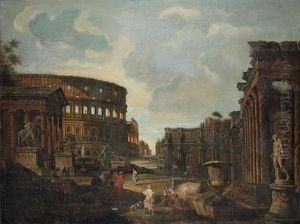 A Capriccio Of Roman Ruins With The Colosseum And The Arch Of Constantine by Giovanni Paolo Panini