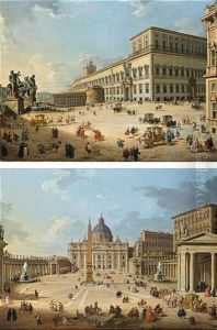 A View Of St. Peter's Basilica And St. Peter's Square With A Procession And Figures Promenading (+ A View Of The Piazza And Palazzo Del Quirinale With A Procession And Other Figures; Pair) by Giovanni Paolo Panini