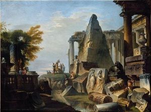 A Philosopher And Soldiers Amongst Ancient Ruins Including The Pyramid Of Gaius Cestius by Giovanni Paolo Panini