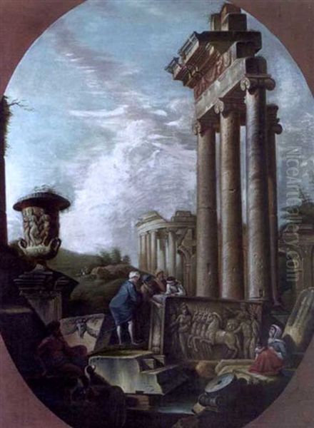 Architectural Capriccio Of Classical Ruins With Figures Inspecting A Stone Relief - view 1