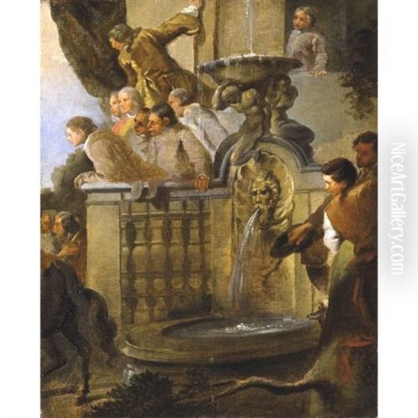 Figures At A Balustrade By A Fountain - view 1