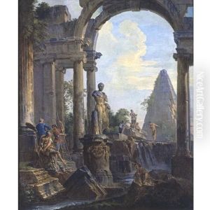 An Architectural Capriccio With The Pyramid Of Caius Cestius And A Classical Statue Of Meleager, Soldiers And Other Figures Conversing