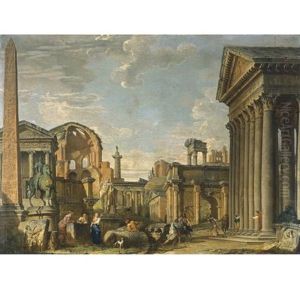 An Architectural Capriccio Of Roman Ruins And The Statue Of Marcus Aurelius On Horseback With A Soldier Returning, Other Soldiers And Figures Nearby An Architectural Capriccio Of Roman Ruins And The Statue Of Marcus Aurelius On Horseback With A Soldier Returning, Other Soldiers And Figures Nearby