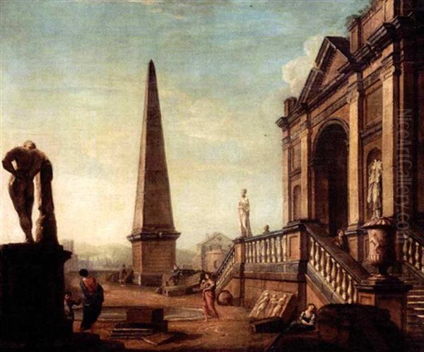 Capriccio With Elegant Figures Amongst Roman Ruins Including The Farnese Hercules - view 1