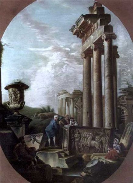 Architectural Capriccio Of Classical Ruins With Figures Inspecting Stone Relief - view 1