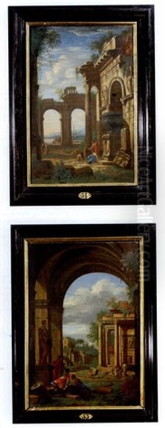 Architekturcapriccio Mit Romischen Ruinen Und Hafen (+ Another Similar; Pair) - view 1