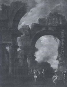 Sacrificial Lamb Amid A Capriccio Of Ruins by Giovanni Paolo Panini