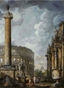 A Capriccio Of Classical Ruins With Figures Conversing Before The Colosseum, Trajan's Column, The Arch Of Constantine, The Pyramid Of Caius Cestius, The Farnese Hercules And The Medici Vase by Giovanni Paolo Panini