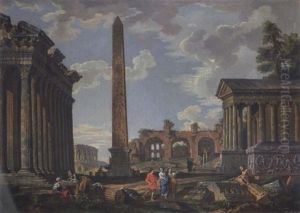 Veduta Ideata, Con Obelisco, Il Tempio Di Adriano E Quello Della Fortuna Virile