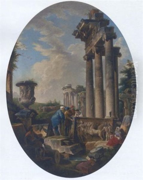 A Capriccio Of Classical Ruins With Figures Inspecting A Stone Relief - view 1