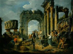 Une Sibylle Prechant Parmi Des Ruines Romaines by Giovanni Paolo Panini