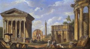 Veduta Ideata Con Il Vaso Medici, Il Tempio Della Maison Carree Di Nimes, Il Tempio Di Minerva Medica, La Colonna Di Marc'aurelio, L'arco Di Settimio Severo, Il Tempio Di Vesta