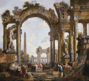 A Capriccio Of Classical Ruins With Christ Healing The Lame At The Pool Of Bethesda by Giovanni Paolo Panini